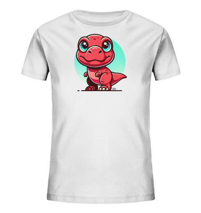 Onlineshop Shirts für Kinder - Das Bild zeigt ein weißes Kinder-T-Shirt mit einem farbenfrohen Aufdruck auf der Vorderseite. Im Zentrum des Designs ist ein niedlicher, cartoonartiger roter Dinosaurier abgebildet. Der Dinosaurier hat große, blaue Augen und ein freundliches Lächeln und steht vor einem hellblauen Kreis, der als Hintergrund dient. Das Gesamtbild ist lebendig und ansprechend gestaltet.