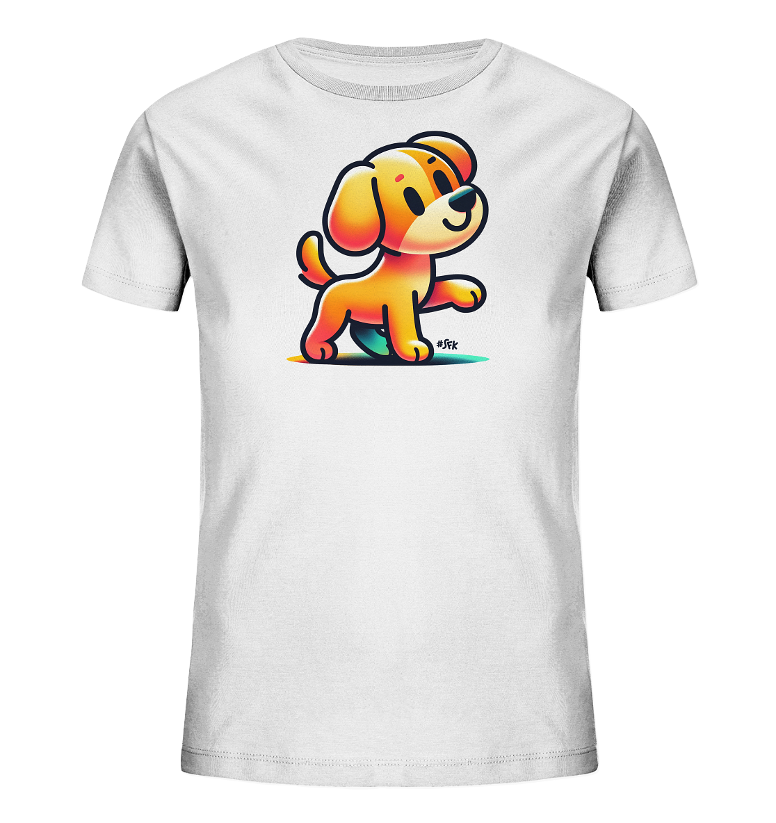 Onlineshop Shirts fuer Kinder - Das Bild zeigt ein weisses T-Shirt fuer Kinder mit einem auffaelligen Druck. Zentral auf der Vorderseite befindet sich eine farbenfrohe, cartoonartige Illustration eines kleinen Hundes. Der Hund in Gelb- und Orangetoenen wird in einer spielerischen Bewegung dargestellt, mit grossen Ohren und einem Schwanz. Ein bunter Schatten unterstreicht das froehliche Motiv.