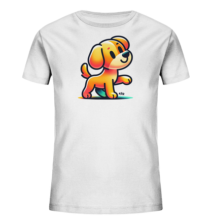 Kinder T-Shirt mit hellbraunem Cartoon-Hund, Lächeln und erhobener Pfote