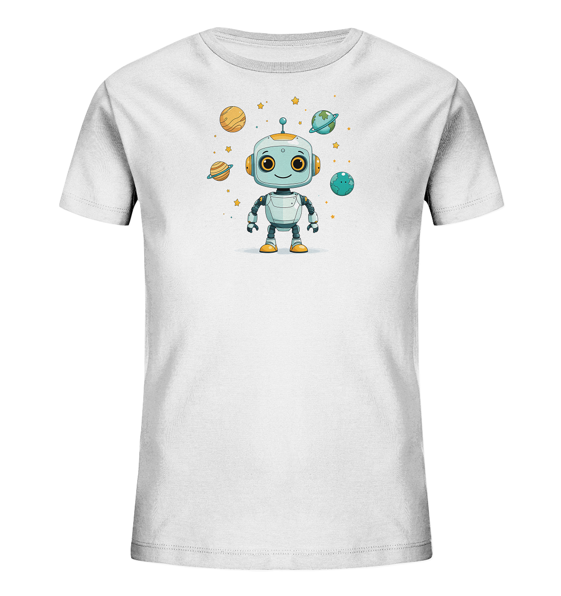 Onlineshop Shirts für Kinder - Das Bild zeigt die Vorderseite eines weißen Kinder-T-Shirts mit einem farbenfrohen Druck. Im Zentrum des Designs ist ein süßer Cartoon-Roboter mit großen, freundlichen Augen abgebildet, der in einem hellblauen und grauen Design gehalten ist. Um den Roboter herum sind verschiedene Planeten wie Saturn und Erde sowie kleine gelbe Sterne arrangiert, was ein Weltraumthema darstellt. Dieses Motiv hat einen kindgerechten und verspielten Charakter, ideal für junge Weltraumfans.