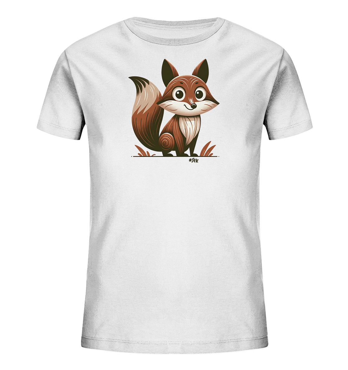 Onlineshop Shirts fuer Kinder - Das Bild zeigt ein weisses T-Shirt fuer Kinder mit einem niedlichen Cartoon-Fuchs-Motiv auf der Vorderseite. Der Fuchs ist in warmen Braun- und Beigetoenen dargestellt und sitzt auf einer stilisierten Grasflaeche. Sein Blick ist freundlich, was dem Design einen verspielten Charakter verleiht.