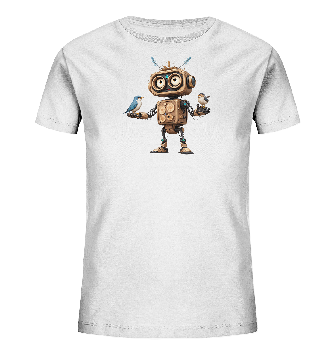 Onlineshop Shirts für Kinder - Das Bild zeigt ein weißes Kinder T-Shirt mit einem einzigartigen Aufdruck auf der Vorderseite. Der Aufdruck zeigt einen stilisierten Roboter, der aus Holz und Metallkomponenten zu bestehen scheint und große, runde Augen sowie Federn auf dem Kopf hat. Der Roboter hält in jeder Hand einen kleinen Vogel, einen blauen und einen braunen. Dieses fantasievolle Motiv verleiht dem Shirt einen verspielten und naturverbundenen Charakter.