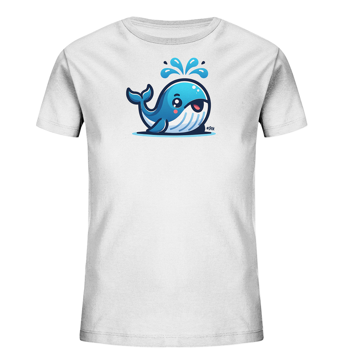 Onlineshop Shirts fuer Kinder - Das Bild zeigt ein weisses T-Shirt fuer Kinder mit einem niedlichen, blauen Cartoon-Wal auf der Vorderseite. Der Wal hat grosse Augen und spritzt Wasser aus seinem Blasloch. Das Design ist farbenfroh und verspielt.