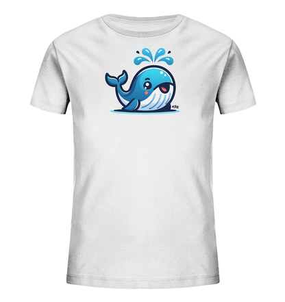 Onlineshop Shirts fuer Kinder - Das Bild zeigt ein weisses T-Shirt fuer Kinder mit einem niedlichen, blauen Cartoon-Wal auf der Vorderseite. Der Wal hat grosse Augen und spritzt Wasser aus seinem Blasloch. Das Design ist farbenfroh und verspielt.