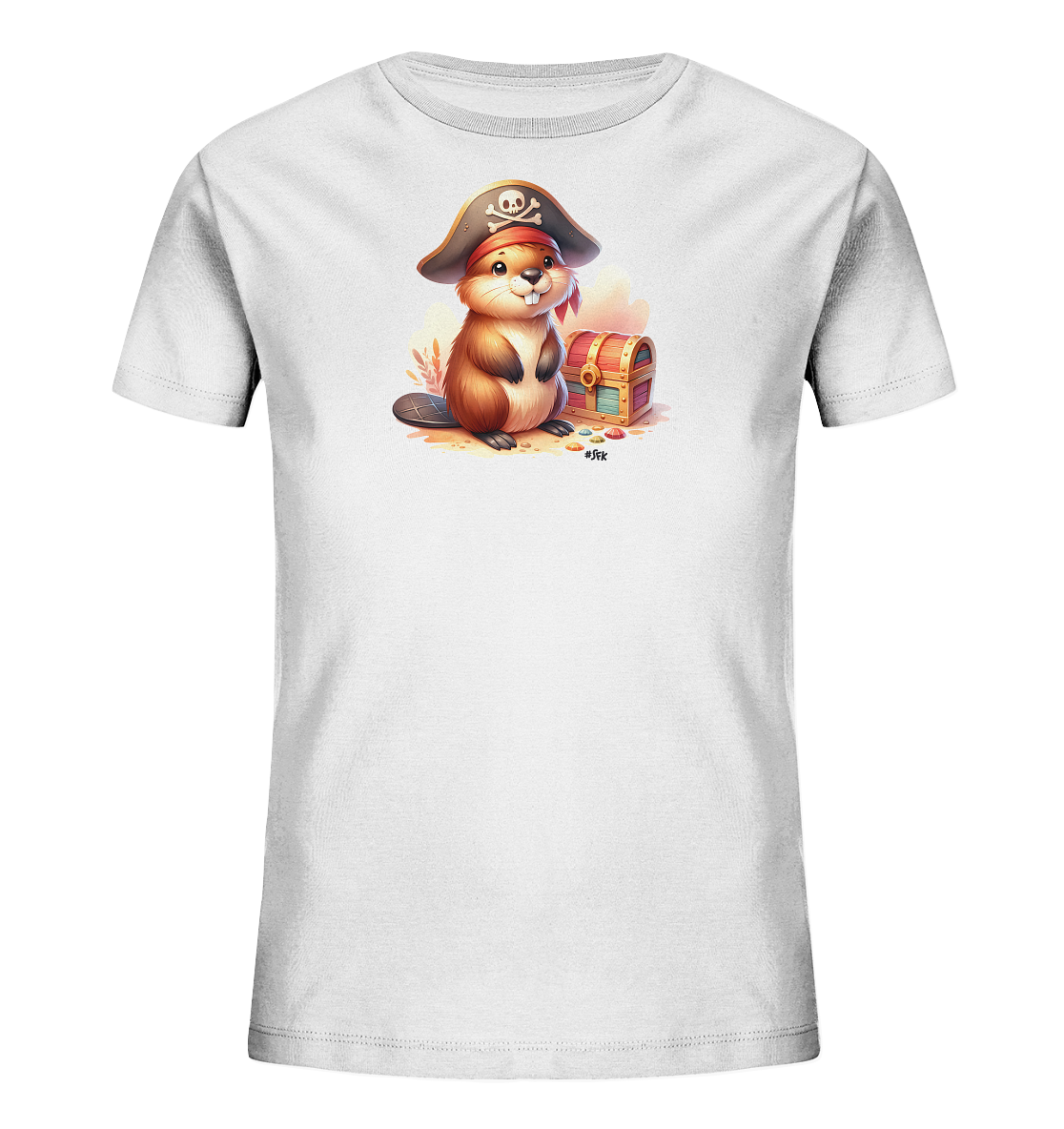 Onlineshop Shirts fuer Kinder - Das Bild zeigt ein weisses Kinder T-Shirt mit einer Illustration eines niedlichen Bibers. Der Biber traegt einen Piratenhut und sitzt neben einer geoeffneten Schatzkiste. Bunte Edelsteine liegen verstreut auf dem Boden in einer angedeuteten Landschaft. Das Motiv wirkt detailreich und fantasievoll gestaltet.
