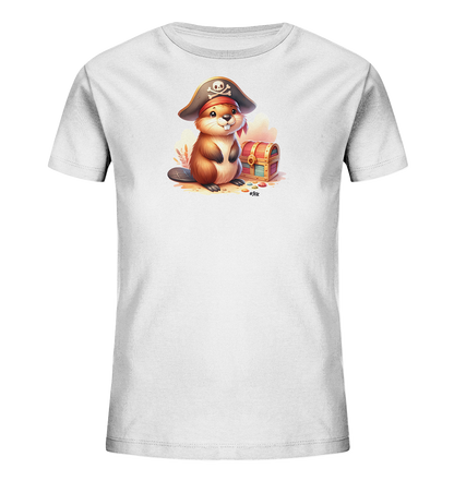 Onlineshop Shirts fuer Kinder - Das Bild zeigt ein weisses Kinder T-Shirt mit einer Illustration eines niedlichen Bibers. Der Biber traegt einen Piratenhut und sitzt neben einer geoeffneten Schatzkiste. Bunte Edelsteine liegen verstreut auf dem Boden in einer angedeuteten Landschaft. Das Motiv wirkt detailreich und fantasievoll gestaltet.