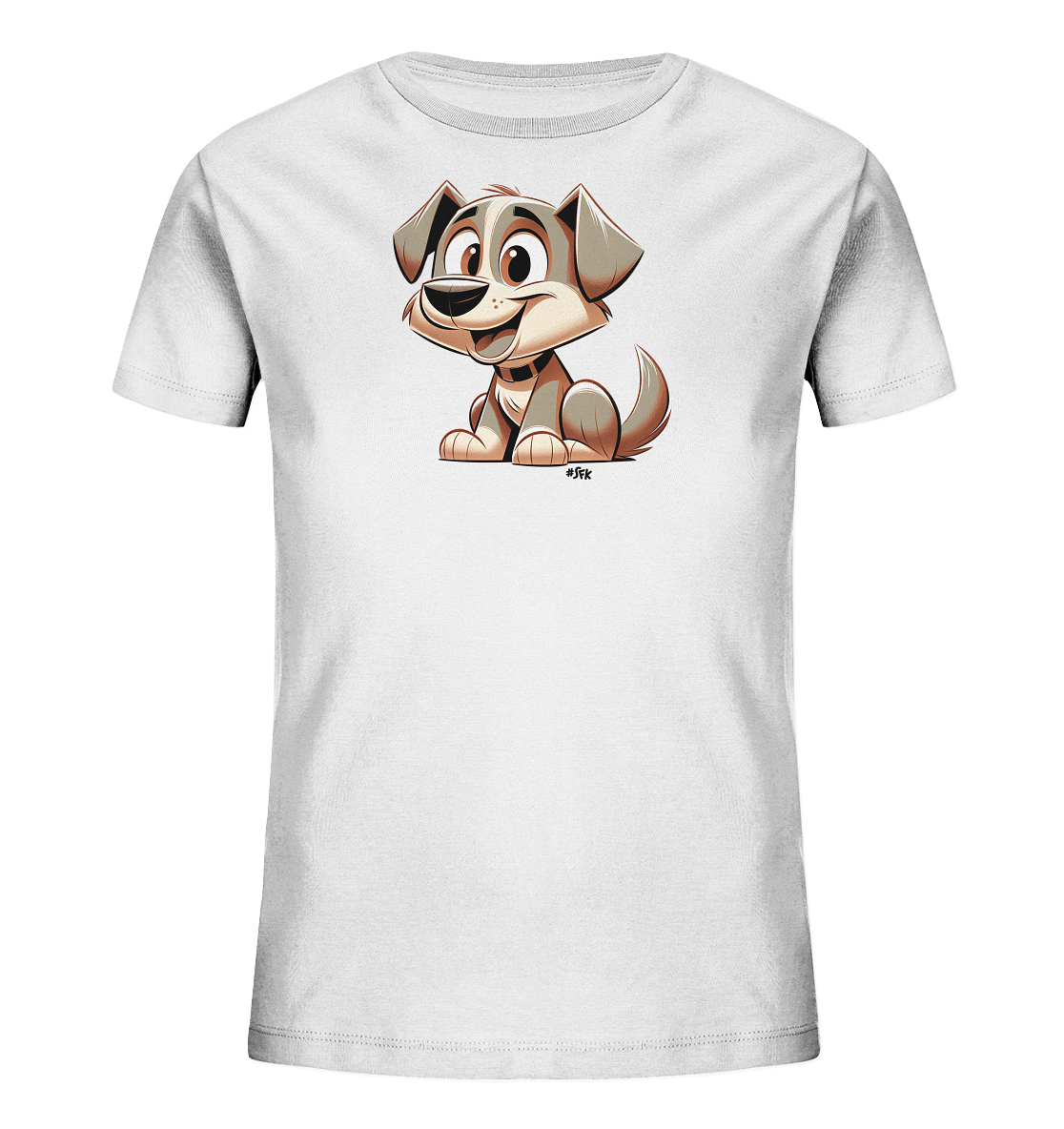 Onlineshop Shirts fuer Kinder - Das Bild zeigt ein weisses Kinder-T-Shirt mit einer niedlichen Cartoon-Illustration eines kleinen Hundes. Der Hund sitzt aufrecht, hat grosse, freundliche Augen und ein breites Laecheln. Seine Ohren sind leicht nach oben gerichtet und sein Schwanz wedelt ein wenig, was ihm ein verspieltes Aussehen verleiht. Das Design ist in warmen Brauntoenen und Grau gehalten und sehr ansprechend fuer Kinder.