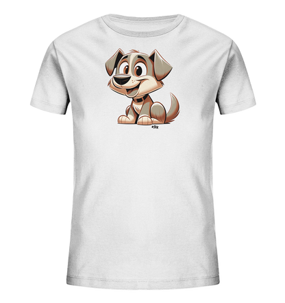 Onlineshop Shirts fuer Kinder - Das Bild zeigt ein weisses Kinder-T-Shirt mit einer niedlichen Cartoon-Illustration eines kleinen Hundes. Der Hund sitzt aufrecht, hat grosse, freundliche Augen und ein breites Laecheln. Seine Ohren sind leicht nach oben gerichtet und sein Schwanz wedelt ein wenig, was ihm ein verspieltes Aussehen verleiht. Das Design ist in warmen Brauntoenen und Grau gehalten und sehr ansprechend fuer Kinder.