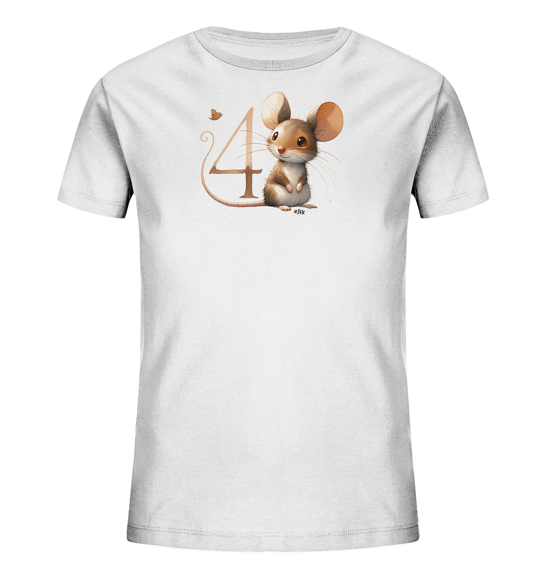Onlineshop Shirts fuer Kinder - Das Bild zeigt ein weisses T-Shirt fuer Kinder mit einem niedlichen Motiv. Eine cartoonartige Maus sitzt neben einer grossen Zahl '4', deren Schweif sich um die Ziffer windet. Das Design in warmen Brauntoenen beinhaltet auch einen kleinen Schmetterling oder eine Biene in der Naehe. Es ist ein freundliches und verspieltes Motiv, passend fuer Kinder.