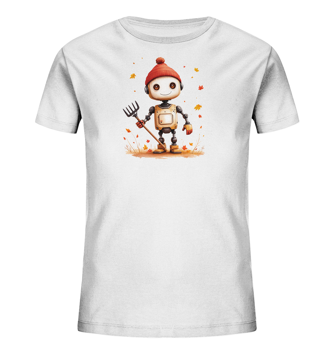 Onlineshop Shirts für Kinder - Das Bild zeigt ein weißes Kinder-T-Shirt mit einem farbigen Aufdruck auf der Vorderseite. Der Aufdruck zeigt einen freundlich lächelnden Roboter, der eine rote Pudelmütze und rote Handschuhe trägt. Der Roboter hält einen Rechen und steht auf einem herbstlich anmutenden Boden mit fallenden Blättern in warmen Farben. Das Design vermittelt eine fröhliche und saisonale Stimmung und ist ideal für Kinderkleidung im Herbst.