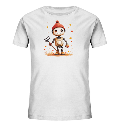 Onlineshop Shirts für Kinder - Das Bild zeigt ein weißes Kinder-T-Shirt mit einem farbigen Aufdruck auf der Vorderseite. Der Aufdruck zeigt einen freundlich lächelnden Roboter, der eine rote Pudelmütze und rote Handschuhe trägt. Der Roboter hält einen Rechen und steht auf einem herbstlich anmutenden Boden mit fallenden Blättern in warmen Farben. Das Design vermittelt eine fröhliche und saisonale Stimmung und ist ideal für Kinderkleidung im Herbst.