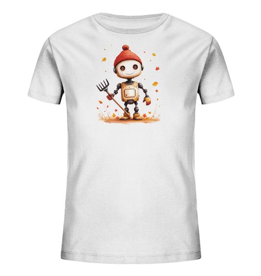 Onlineshop Shirts für Kinder - Das Bild zeigt ein weißes Kinder-T-Shirt mit einem farbigen Aufdruck auf der Vorderseite. Der Aufdruck zeigt einen freundlich lächelnden Roboter, der eine rote Pudelmütze und rote Handschuhe trägt. Der Roboter hält einen Rechen und steht auf einem herbstlich anmutenden Boden mit fallenden Blättern in warmen Farben. Das Design vermittelt eine fröhliche und saisonale Stimmung und ist ideal für Kinderkleidung im Herbst.