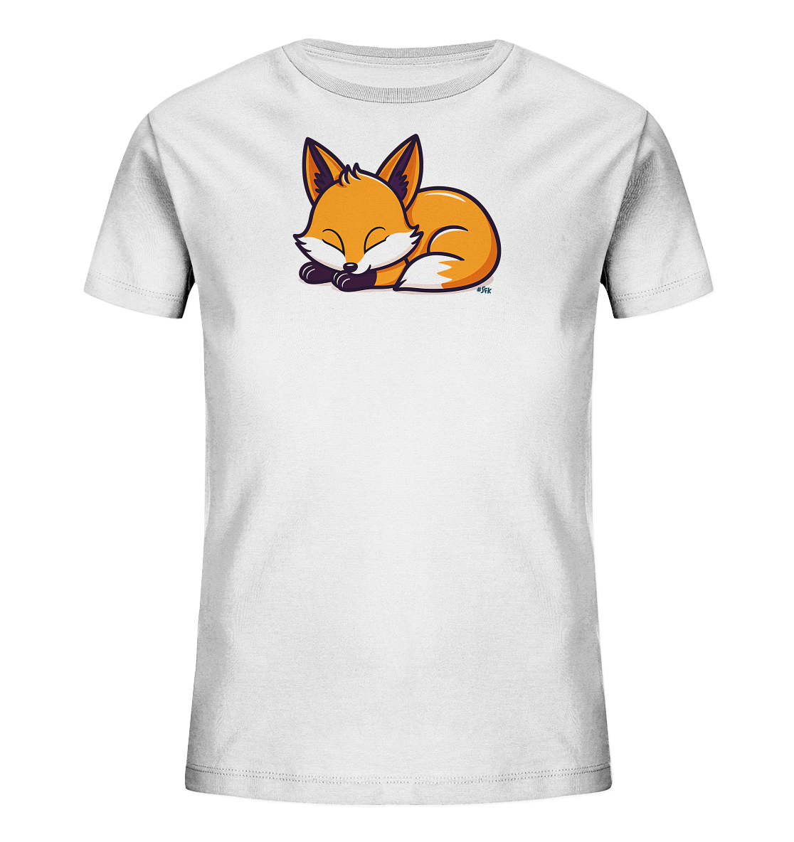 Onlineshop Shirts fuer Kinder - Das Bild zeigt ein weisses Kinder-T-Shirt mit einem suessen, schlafenden Fuchs-Motiv auf der Vorderseite. Der orangefarbene Fuchs ist zusammengerollt dargestellt, mit geschlossenen Augen und dunklen Konturen. Das detaillierte Cartoon-Design verleiht dem Shirt einen ruhigen und verspielten Charakter.