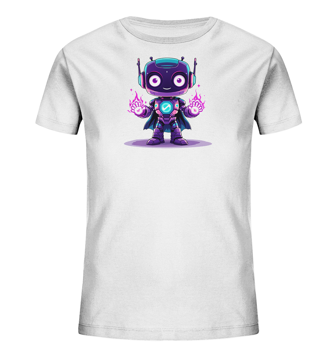 Kinder-T-Shirt | Lila Roboter mit pinken Energieflammen