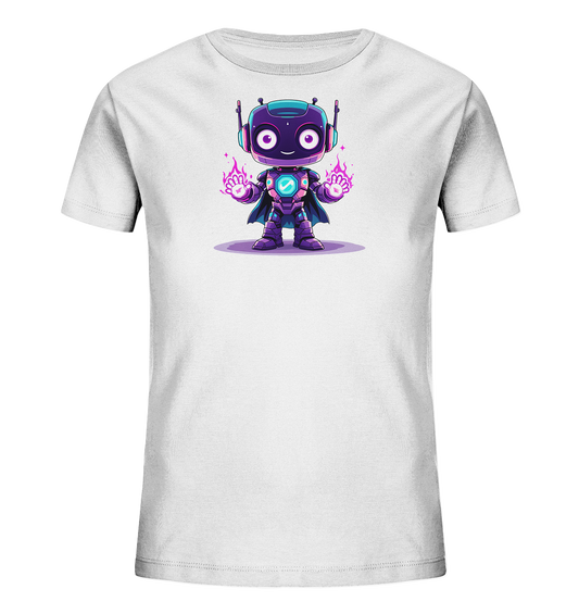 Onlineshop Shirts für Kinder - Das Bild zeigt ein weißes T-Shirt für Kinder, das flach ausgelegt ist. Auf der Vorderseite befindet sich ein Aufdruck, der die Erde als einen freundlichen Cartoon-Charakter darstellt. Der Erdglobus hat Augen, einen Mund und kleine grüne Blätter, die oben herauswachsen. Darüber steht der Text "save our earth" in einer grünen, stilisierten Schrift, was den Fokus auf Umweltschutz legt.