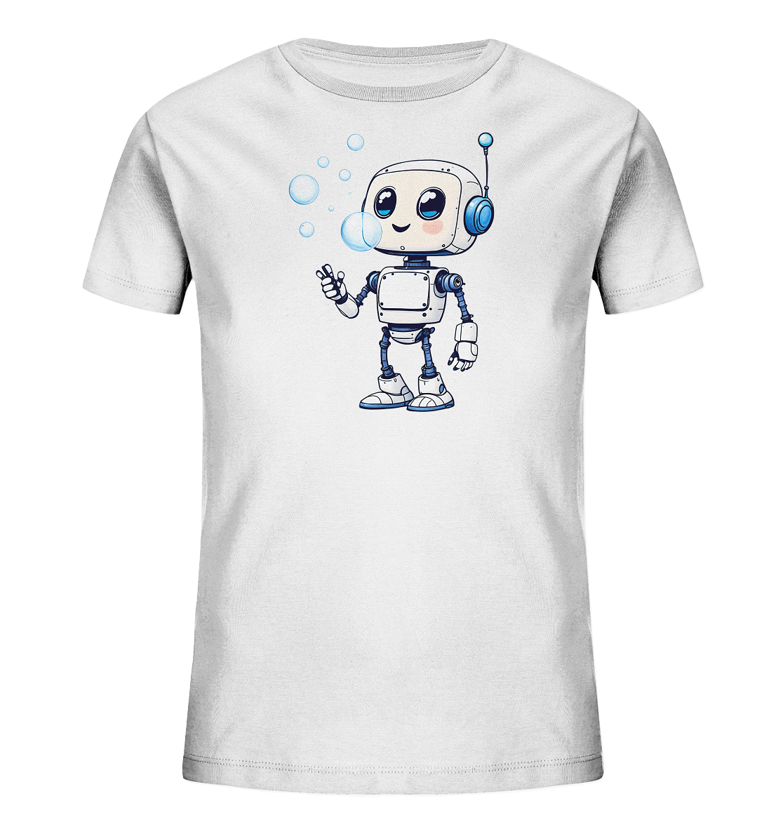 Onlineshop Shirts für Kinder - Das Bild zeigt ein weißes Kinder-T-Shirt mit einer zentralen Illustration auf der Vorderseite. Die Illustration stellt einen freundlich aussehenden Cartoon-Roboter dar, der Seifenblasen bläst. Der Roboter ist überwiegend weiß mit blauen Details an Kopfhörern, Gelenken und Füßen. Mehrere blaue Seifenblasen schweben um den Kopf des Roboters, was dem Design einen verspielten Charakter verleiht.