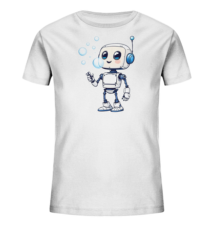 Onlineshop Shirts für Kinder - Das Bild zeigt ein weißes Kinder-T-Shirt mit einer zentralen Illustration auf der Vorderseite. Die Illustration stellt einen freundlich aussehenden Cartoon-Roboter dar, der Seifenblasen bläst. Der Roboter ist überwiegend weiß mit blauen Details an Kopfhörern, Gelenken und Füßen. Mehrere blaue Seifenblasen schweben um den Kopf des Roboters, was dem Design einen verspielten Charakter verleiht.