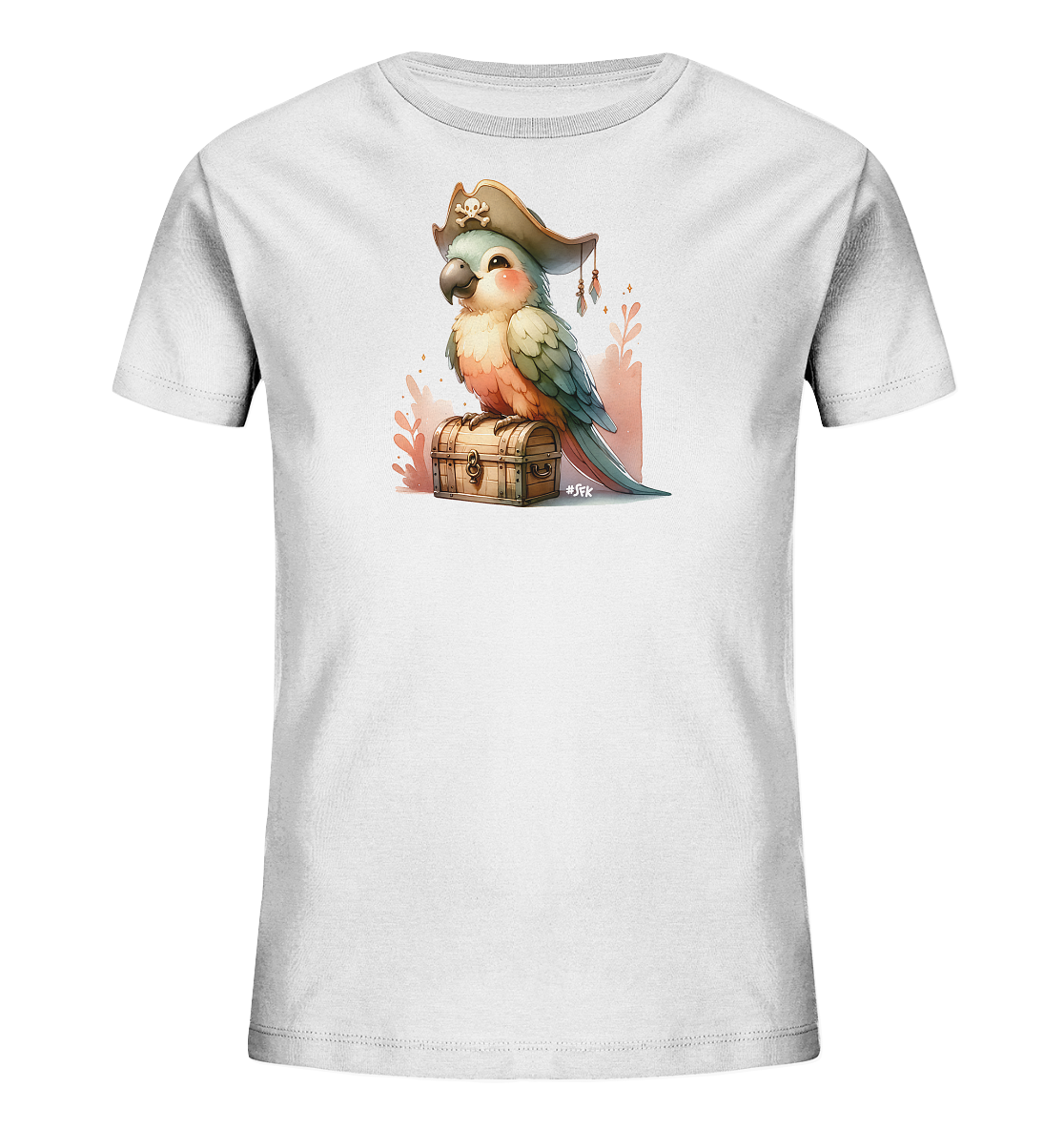 Onlineshop Shirts fuer Kinder - Das Bild zeigt ein weisses Kinder-T-Shirt mit einem Motiv eines Papageis. Der Papagei traegt einen Piratenhut und sitzt auf einer Schatzkiste. Die Illustration ist farbenfroh und enthaelt dekorative Elemente im Hintergrund. Das Design ist detailreich und ansprechend gestaltet.