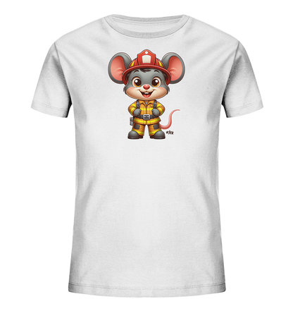 Onlineshop Shirts fuer Kinder - Das Bild zeigt ein weisses T-Shirt fuer Kinder mit einem aufgedruckten Motiv einer Maus. Die Maus ist im Cartoon-Stil gezeichnet und traegt einen roten Feuerwehrhelm sowie eine gelbe Feuerwehruniform. Sie steht aufrecht, hat grosse Ohren, einen freundlichen Gesichtsausdruck und ihre Pfoten sind in die Hueften gestemmt. Dieses Design verleiht dem Shirt einen lustigen und abenteuerlichen Charakter.