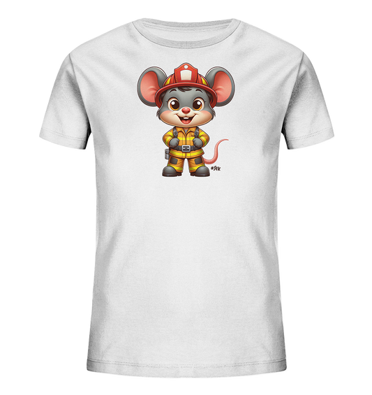 Onlineshop Shirts fuer Kinder - Das Bild zeigt ein weisses T-Shirt fuer Kinder mit einem aufgedruckten Motiv einer Maus. Die Maus ist im Cartoon-Stil gezeichnet und traegt einen roten Feuerwehrhelm sowie eine gelbe Feuerwehruniform. Sie steht aufrecht, hat grosse Ohren, einen freundlichen Gesichtsausdruck und ihre Pfoten sind in die Hueften gestemmt. Dieses Design verleiht dem Shirt einen lustigen und abenteuerlichen Charakter.