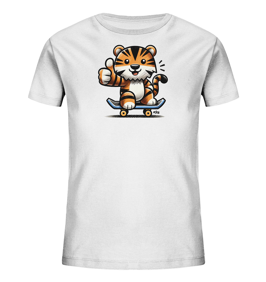 Onlineshop Shirts fuer Kinder - Das Bild zeigt ein weisses T-Shirt fuer Kinder. Auf der Vorderseite ist eine niedliche Comic-Illustration eines Tigers. Der Tiger sitzt auf einem Skateboard, gibt einen Daumen hoch und laechelt froehlich. Das Motiv verleiht dem Shirt einen verspielten und coolen Look.
