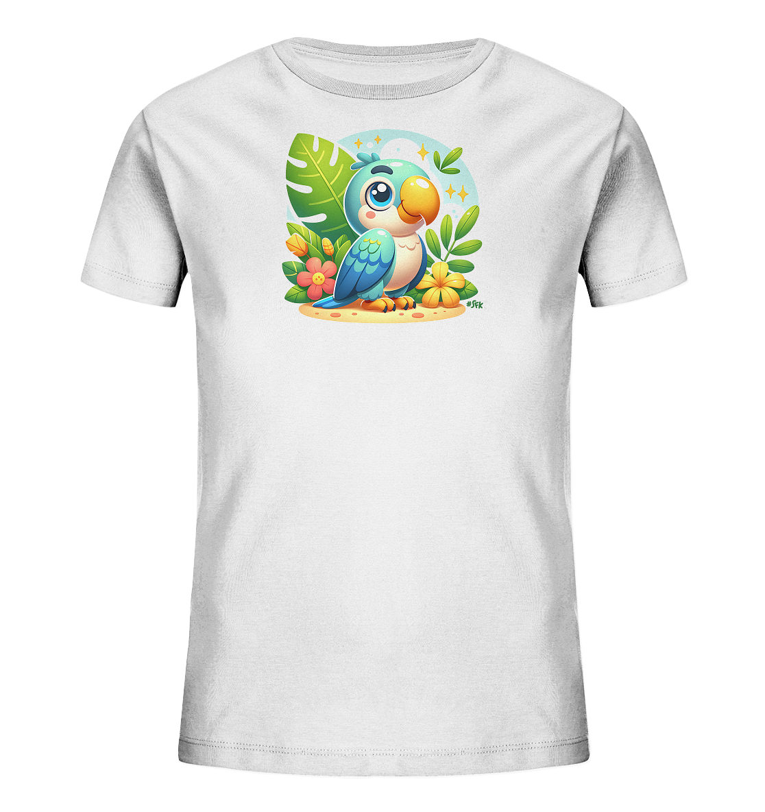 Onlineshop Shirts fuer Kinder - Weisses T-Shirt mit niedlichem Papagei. Der blaue Vogel sitzt in einer tropischen Szene mit Blaettern und Blumen. Ein Himmel mit Sternen rundet das Motiv ab.