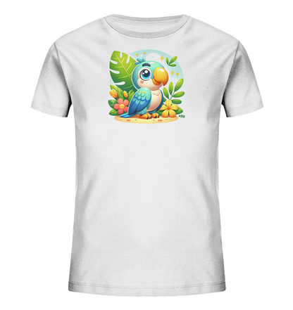 Onlineshop Shirts fuer Kinder - Weisses T-Shirt mit niedlichem Papagei. Der blaue Vogel sitzt in einer tropischen Szene mit Blaettern und Blumen. Ein Himmel mit Sternen rundet das Motiv ab.