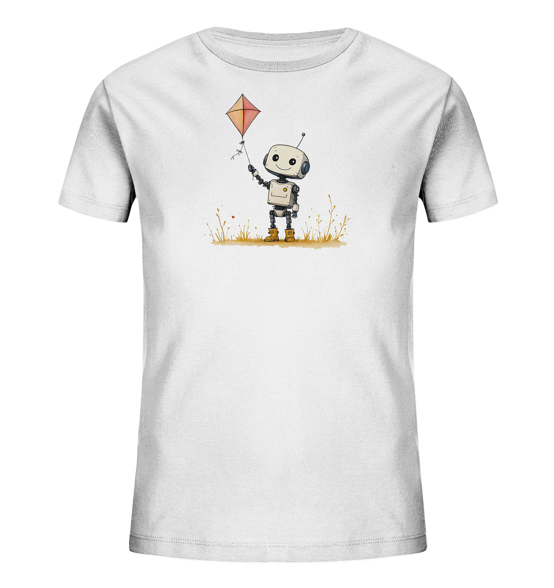 Onlineshop Shirts für Kinder - Das Bild zeigt ein weißes Kinder-T-Shirt mit einem freundlichen Roboter als Motiv. Der Roboter, mit großen Augen und einem Lächeln, hält einen orangefarbenen Drachen an einer Schnur in seiner rechten Hand. Das Motiv ist in einem Comic-Stil gezeichnet und zeigt den Roboter auf einer angedeuteten Wiese mit einigen Grashalmen. Die Illustration ist farbenfroh und strahlt eine fröhliche Atmosphäre aus, passend für ein Kinder-T-Shirt.