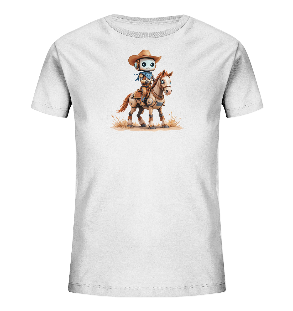 Onlineshop Shirts für Kinder - Dieses Bild zeigt die Vorderseite eines weißen Kinder-T-Shirts. Auf der Brust befindet sich ein auffälliger Druck. Das Motiv stellt einen freundlich aussehenden Roboter im Cowboy-Outfit dar, der auf einem Pferd reitet. Der Roboter trägt einen braunen Hut und ein blaues Halstuch, während das Pferd mechanische Elemente aufweist. Der Druck ist detailreich und in warmen Farbtönen gehalten, was dem Shirt einen einzigartigen Charakter verleiht.