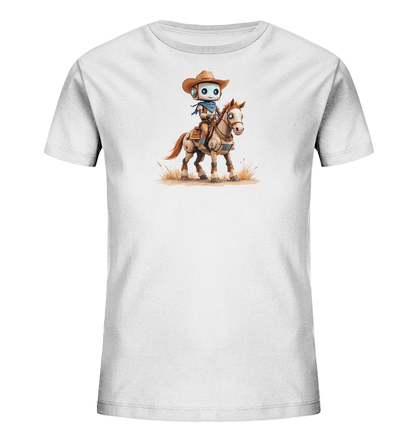 Onlineshop Shirts für Kinder - Dieses Bild zeigt die Vorderseite eines weißen Kinder-T-Shirts. Auf der Brust befindet sich ein auffälliger Druck. Das Motiv stellt einen freundlich aussehenden Roboter im Cowboy-Outfit dar, der auf einem Pferd reitet. Der Roboter trägt einen braunen Hut und ein blaues Halstuch, während das Pferd mechanische Elemente aufweist. Der Druck ist detailreich und in warmen Farbtönen gehalten, was dem Shirt einen einzigartigen Charakter verleiht.