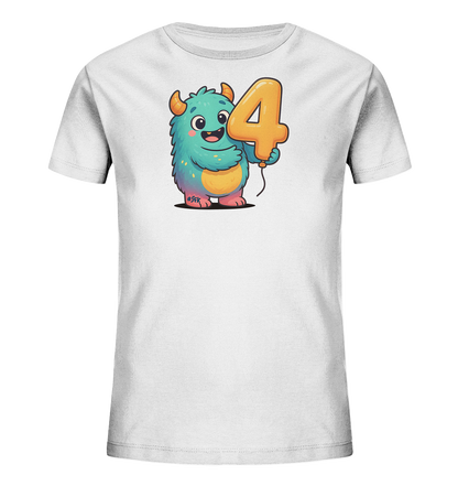 Onlineshop Shirts fuer Kinder - Das Bild zeigt ein weisses Kinder-T-Shirt mit einem farbenfrohen Aufdruck auf der Vorderseite. Das Design zeigt ein freundliches, blaues Cartoon-Monster, das einen leuchtend orangefarbenen Ballon in Form der Zahl '4' haelt. Das Monster hat Hoerner, grosse Augen und ein Laecheln, waehrend der Ballon glaenzend dargestellt ist. Dieses verspielte Motiv ist ideal fuer ein Kinderoutfit.