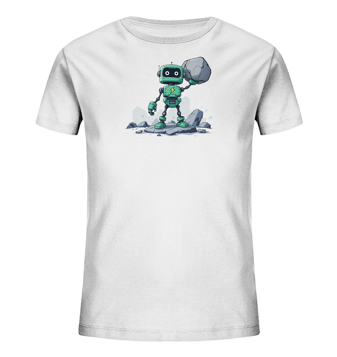 Onlineshop Shirts für Kinder - Das Bild zeigt ein weißes T-Shirt für Kinder mit einem auffälligen Druck auf der Vorderseite. Das Motiv ist ein cartoonhafter, grüner Roboter mit schwarzen Augen und einem gelben Blitzsymbol auf der Brust. Der Roboter steht auf grauen Felsen und hält mit einer Hand einen großen Stein über seinem Kopf. Dieses Design verleiht dem Shirt einen coolen und kräftigen Charakter, der Technik und Stärke vereint.