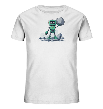 Onlineshop Shirts für Kinder - Das Bild zeigt ein weißes T-Shirt für Kinder mit einem auffälligen Druck auf der Vorderseite. Das Motiv ist ein cartoonhafter, grüner Roboter mit schwarzen Augen und einem gelben Blitzsymbol auf der Brust. Der Roboter steht auf grauen Felsen und hält mit einer Hand einen großen Stein über seinem Kopf. Dieses Design verleiht dem Shirt einen coolen und kräftigen Charakter, der Technik und Stärke vereint.