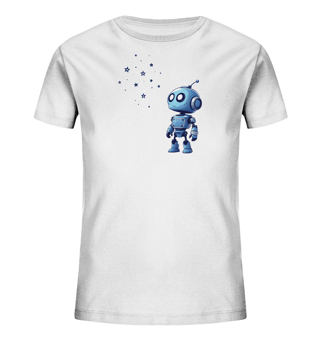 Onlineshop Shirts für Kinder - Das Bild zeigt ein weißes T-Shirt für Kinder, auf dem ein digital gezeichneter, blauer Roboter abgebildet ist. Der Roboter steht aufrecht und blickt nach oben, wo sich eine Gruppe blauer Sterne und Punkte befindet. Das Design ist mittig auf der Vorderseite des Shirts positioniert und hebt sich klar vom weißen Stoff ab. Die Illustration verleiht dem T-Shirt einen verspielten und technologischen Charakter, der Kinder ansprechen könnte.