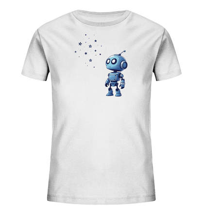Onlineshop Shirts für Kinder - Das Bild zeigt ein weißes T-Shirt für Kinder, auf dem ein digital gezeichneter, blauer Roboter abgebildet ist. Der Roboter steht aufrecht und blickt nach oben, wo sich eine Gruppe blauer Sterne und Punkte befindet. Das Design ist mittig auf der Vorderseite des Shirts positioniert und hebt sich klar vom weißen Stoff ab. Die Illustration verleiht dem T-Shirt einen verspielten und technologischen Charakter, der Kinder ansprechen könnte.