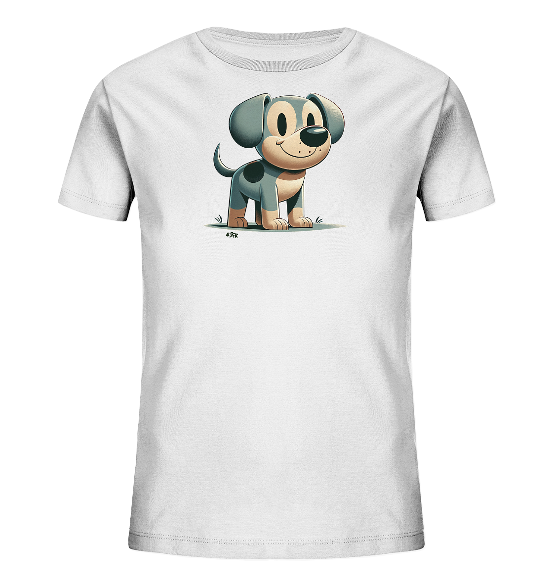 Onlineshop Shirts fuer Kinder - Das Bild zeigt ein weisses T-Shirt fuer Kinder mit einer niedlichen Cartoon-Illustration eines Hundes. Der Hund steht auf einer Grasflaeche, hat grosse Ohren, ein freundliches Laecheln und ist in Grau- und Beigetoenen gehalten. Das Design wirkt schlicht und ansprechend fuer ein Kinderkleidungsstueck.