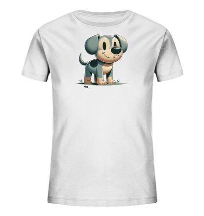 Onlineshop Shirts fuer Kinder - Das Bild zeigt ein weisses T-Shirt fuer Kinder mit einer niedlichen Cartoon-Illustration eines Hundes. Der Hund steht auf einer Grasflaeche, hat grosse Ohren, ein freundliches Laecheln und ist in Grau- und Beigetoenen gehalten. Das Design wirkt schlicht und ansprechend fuer ein Kinderkleidungsstueck.
