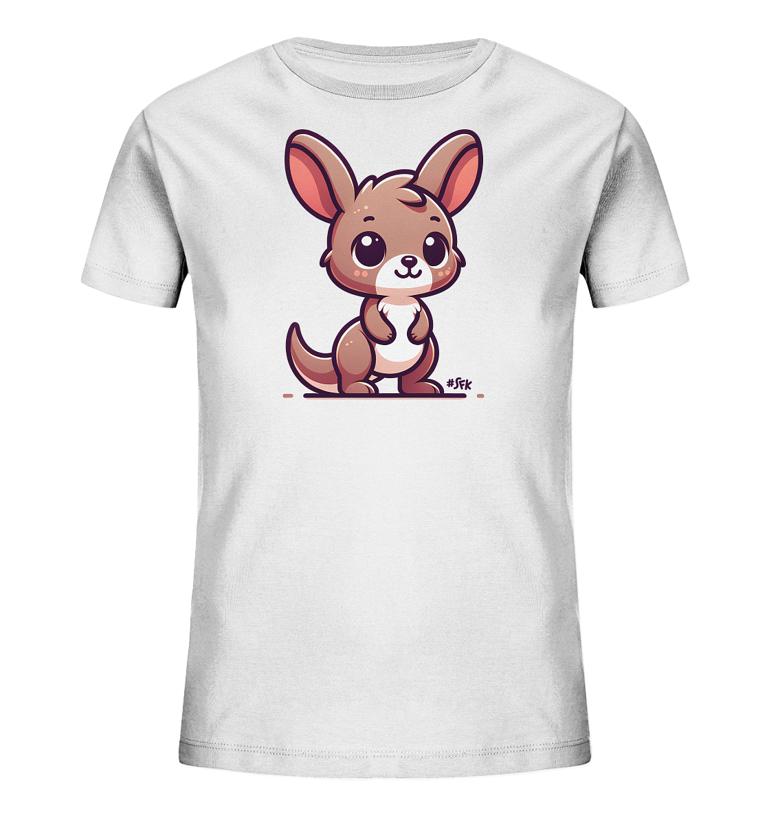 Onlineshop Shirts fuer Kinder - Das Bild zeigt ein weisses Kinder T-Shirt mit einem niedlichen Kaenguru-Motiv auf der Vorderseite. Das cartoonartige Kaenguru in braun und rosa sitzt aufrecht mit grossen Augen und Ohren. Es sitzt auf einer duennen Linie am unteren Rand der Grafik. Dieses Design ist verspielt und charmant.