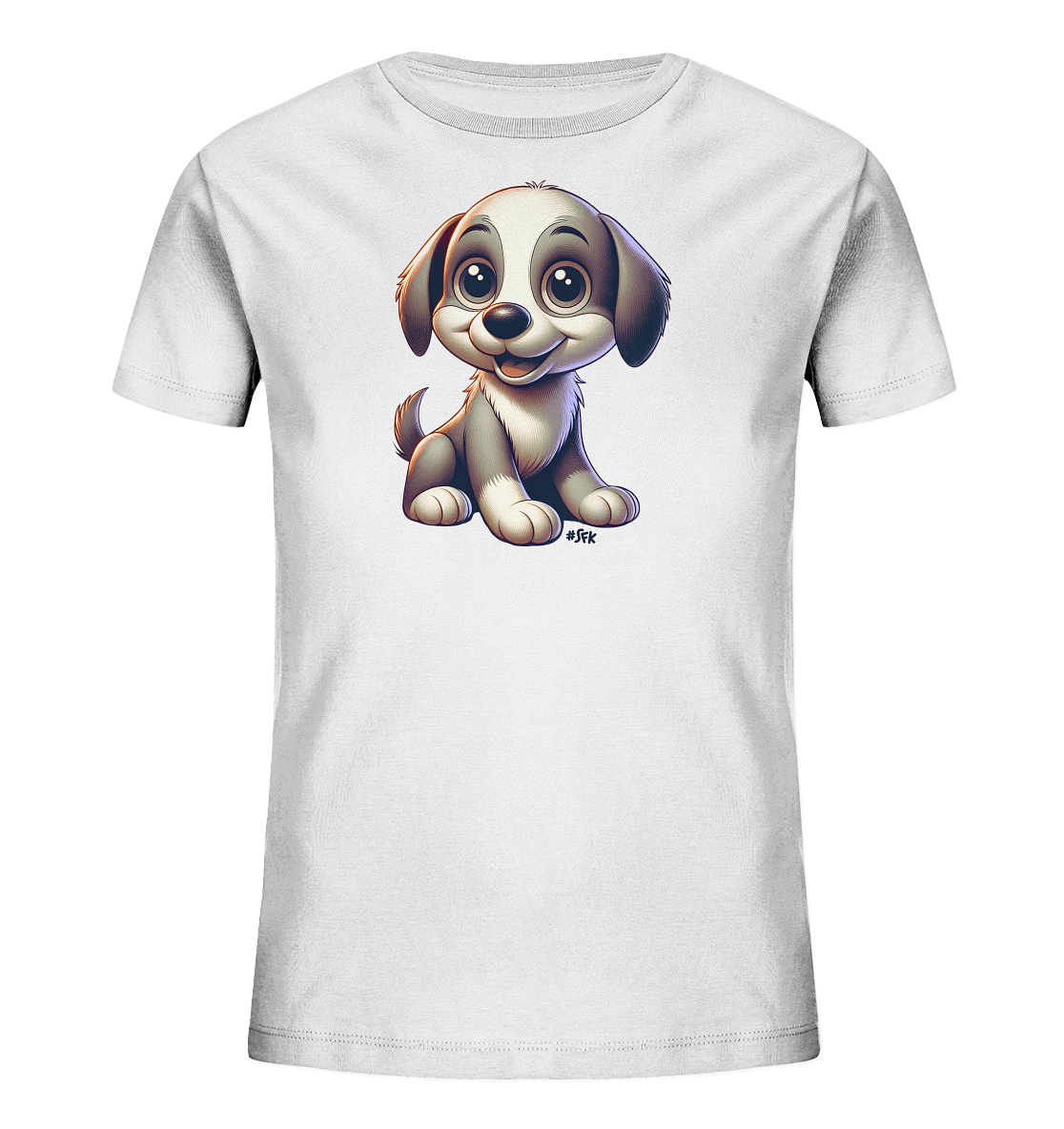 Onlineshop Shirts fuer Kinder - Das Bild zeigt ein weisses T-Shirt fuer Kinder mit einem zentralen Aufdruck. Zu sehen ist die Illustration eines sitzenden, jungen Hundes im Cartoon-Stil. Der Welpe ist in Grau- und Weisstoenen dargestellt, hat grosse, runde Augen und einen freundlichen Ausdruck. Das detailreiche Motiv hebt sich gut vom hellen Stoff ab.