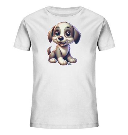 Onlineshop Shirts fuer Kinder - Das Bild zeigt ein weisses T-Shirt fuer Kinder mit einem zentralen Aufdruck. Zu sehen ist die Illustration eines sitzenden, jungen Hundes im Cartoon-Stil. Der Welpe ist in Grau- und Weisstoenen dargestellt, hat grosse, runde Augen und einen freundlichen Ausdruck. Das detailreiche Motiv hebt sich gut vom hellen Stoff ab.