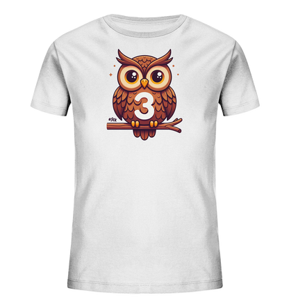 Kinder T-Shirt mit Cartoon-Eule auf Ast, großen Augen und Zahl 3