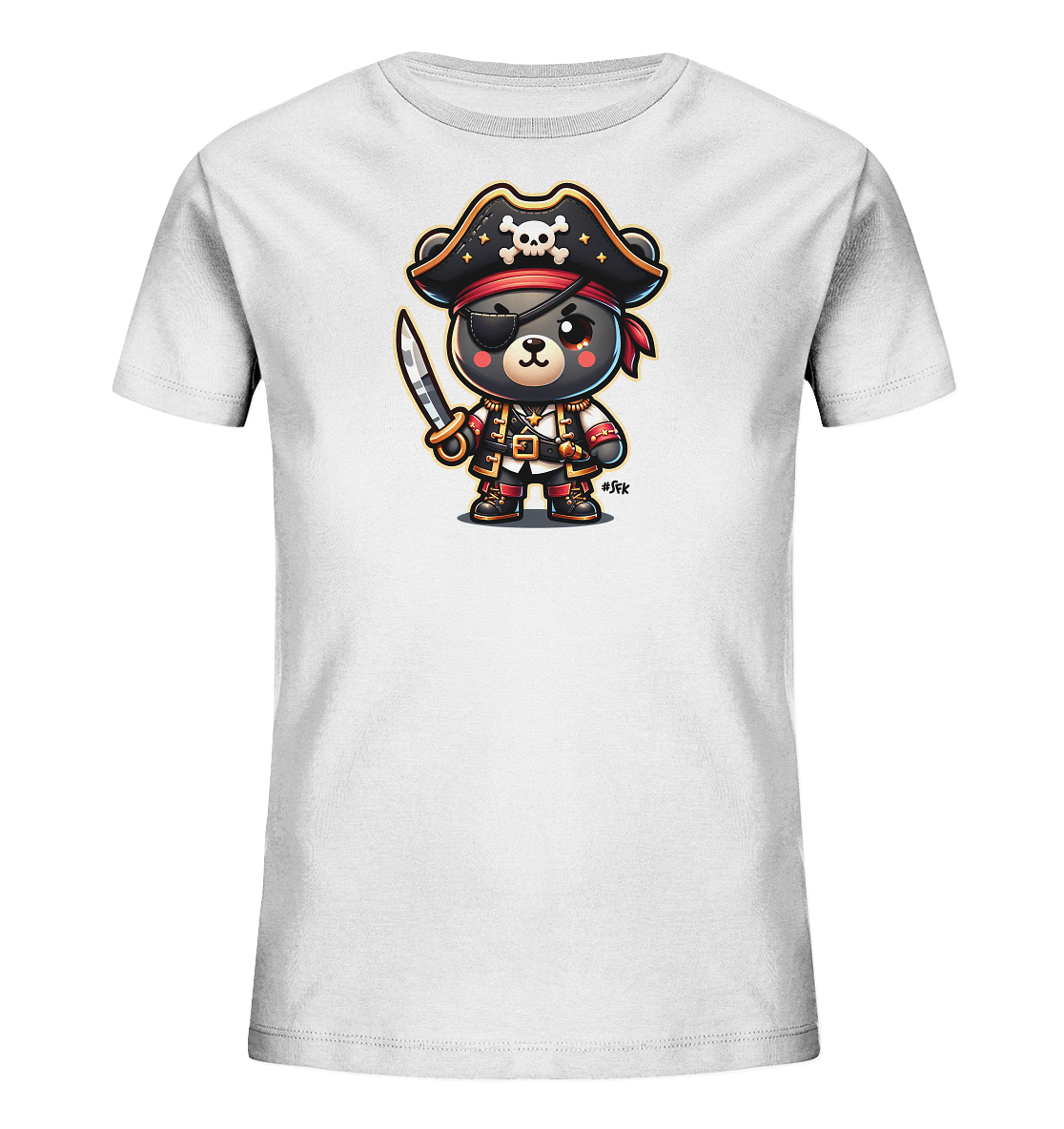 Onlineshop Shirts fuer Kinder - Das Bild zeigt ein weisses T-Shirt fuer Kinder. Auf der Vorderseite ist ein niedlicher Cartoon-Baer abgebildet, der als Pirat verkleidet ist. Der Baer traegt einen Piratenhut mit Totenkopf, eine Augenklappe und haelt ein Schwert. Dieses Design ist farbenfroh und detailreich.