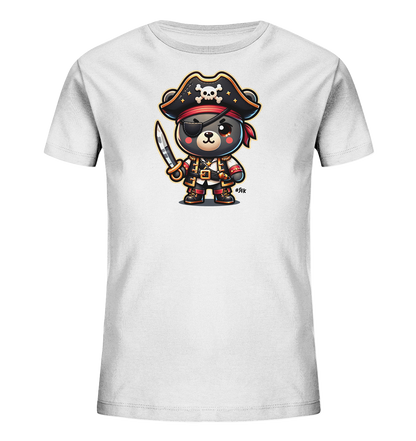 Onlineshop Shirts fuer Kinder - Das Bild zeigt ein weisses T-Shirt fuer Kinder. Auf der Vorderseite ist ein niedlicher Cartoon-Baer abgebildet, der als Pirat verkleidet ist. Der Baer traegt einen Piratenhut mit Totenkopf, eine Augenklappe und haelt ein Schwert. Dieses Design ist farbenfroh und detailreich.