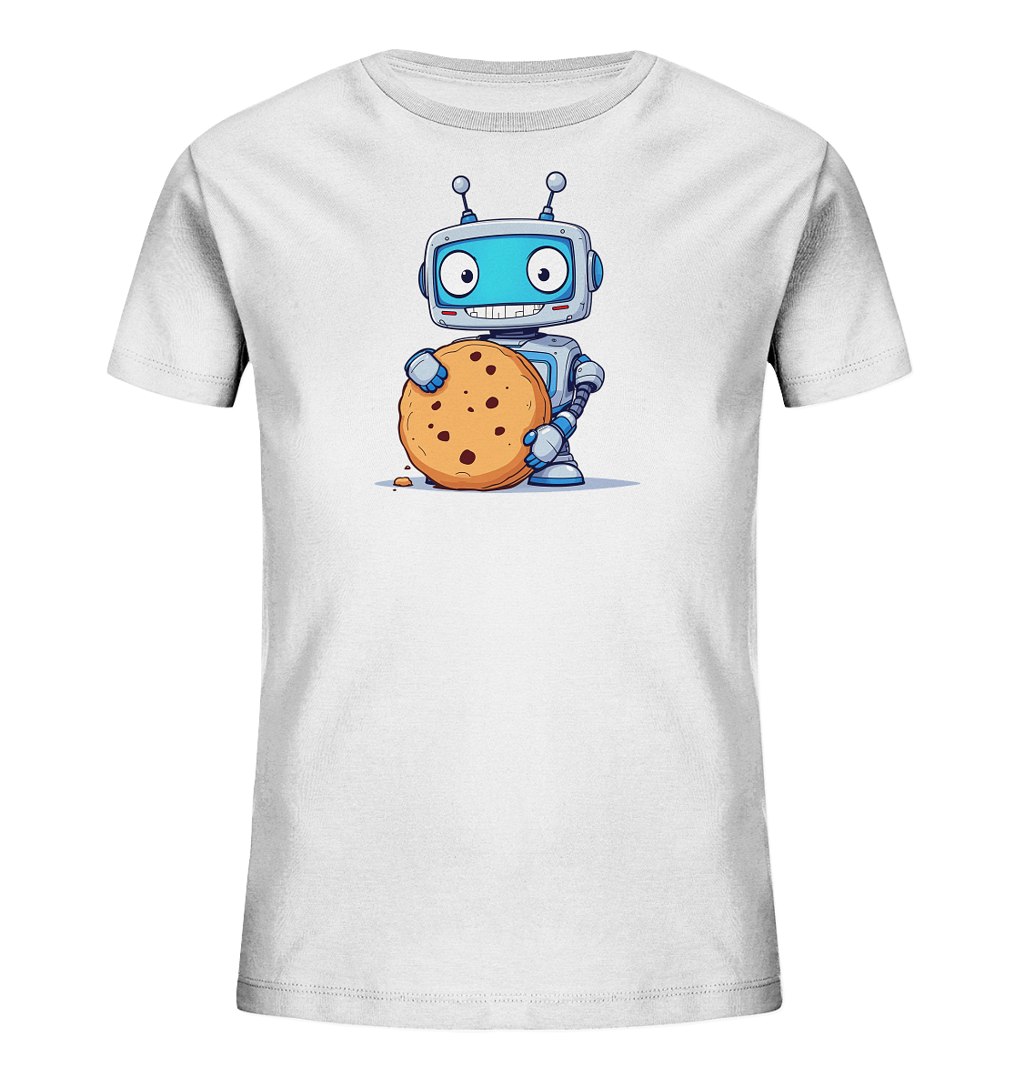 Onlineshop Shirts für Kinder - Das Bild zeigt ein weißes T-Shirt für Kinder auf neutralem Hintergrund. Auf der Vorderseite des Shirts ist eine bunte Illustration eines Cartoon-Roboters zu sehen. Der Roboter hat einen hellblauen Kopf mit großen Augen und lächelt, während er einen großen, runden Keks mit Schokostückchen hält. Neben dem Keks liegt ein kleiner Krümel. Das Design ist verspielt und farbenfroh gestaltet.