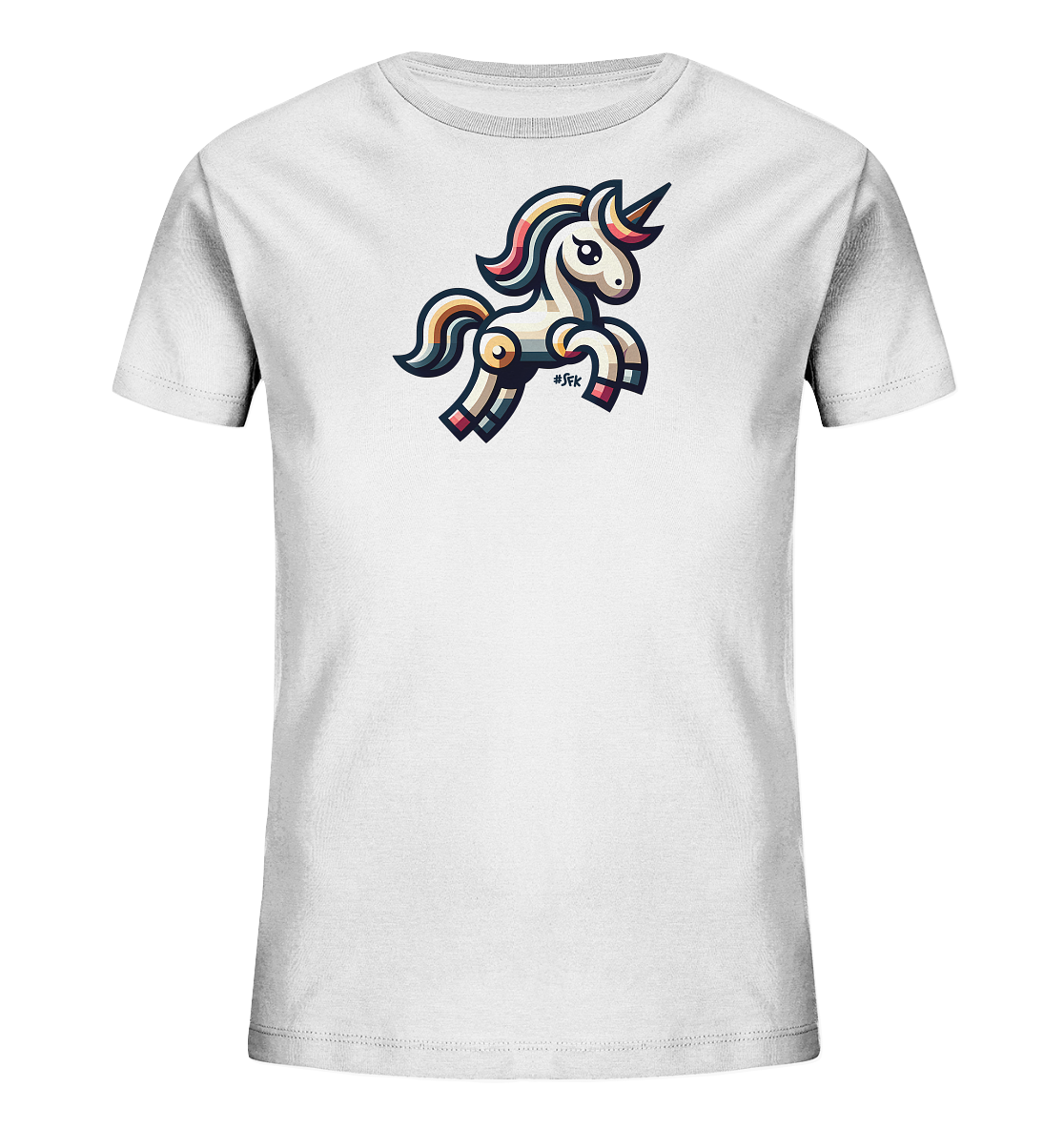 Onlineshop Shirts fuer Kinder - Das Bild zeigt ein weisses Kinder-T-Shirt mit einer farbigen Einhorn-Illustration auf der Vorderseite. Das Einhorn ist im freundlichen Cartoon-Stil gestaltet und springt froehlich. Es hat eine bunte Maehne und Schweif und ist mit verschiedenen Farbakzenten versehen. Das Design wirkt lebhaft und verspielt.