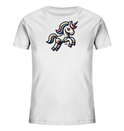 Kinder T-Shirt mit springendem Einhorn, bunter Mähne, Schweif und Horn