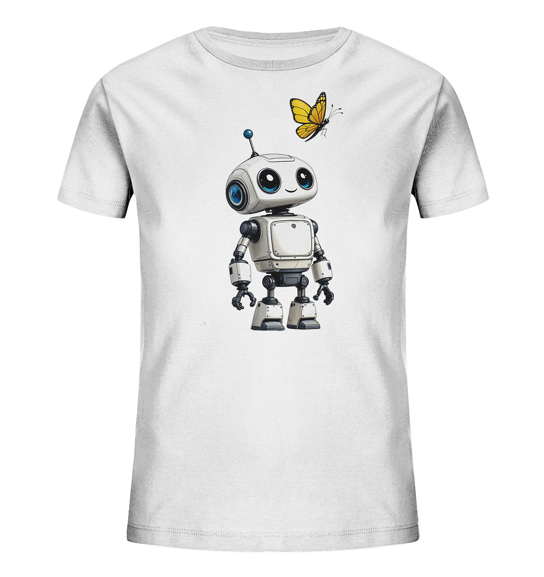 Onlineshop Shirts für Kinder - Das Bild zeigt ein weißes Kinder-T-Shirt mit einem zentralen Aufdruck auf der Vorderseite. Der Aufdruck stellt einen freundlich aussehenden Roboter in den Farben Weiß und Grau mit blauen Augen dar. Über dem Roboter fliegt ein gelber Schmetterling. Das Design ist kindgerecht und neutral gehalten, ohne spezifische Altersangaben oder zusätzliche Elemente.