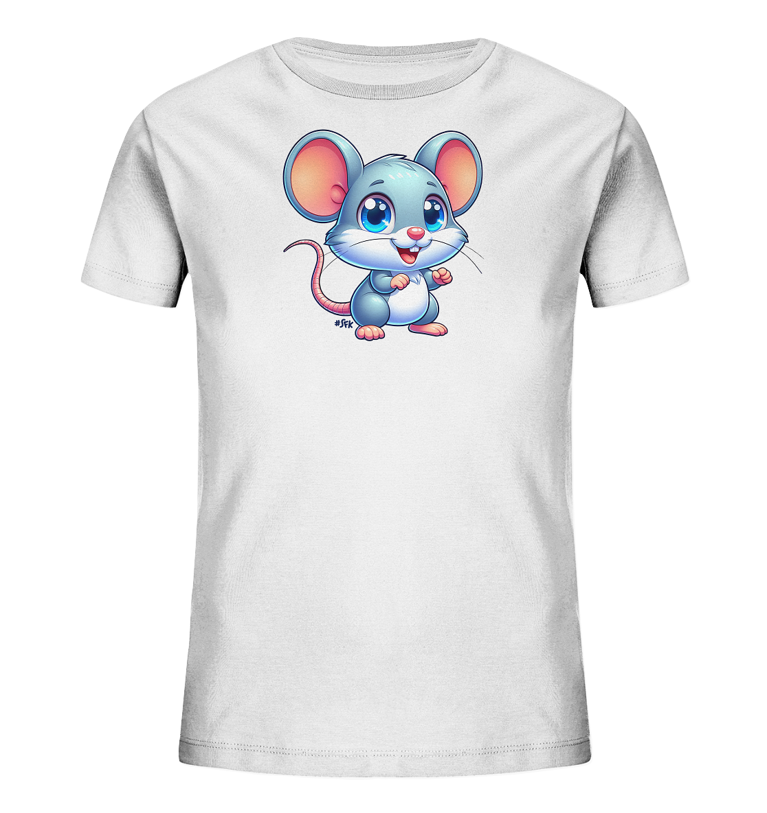 Onlineshop Shirts fuer Kinder - Das Bild zeigt ein weisses T-Shirt fuer Kinder mit einem charmanten Cartoon-Motiv einer Maus. Die Maus ist grau, hat grosse rosa Ohren und Pfoten sowie leuchtend blaue Augen. Sie steht aufrecht und laechelt freundlich. Dieses Design verleiht dem Shirt einen suessen und verspielten Look.