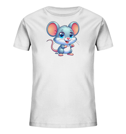 Onlineshop Shirts fuer Kinder - Das Bild zeigt ein weisses T-Shirt fuer Kinder mit einem charmanten Cartoon-Motiv einer Maus. Die Maus ist grau, hat grosse rosa Ohren und Pfoten sowie leuchtend blaue Augen. Sie steht aufrecht und laechelt freundlich. Dieses Design verleiht dem Shirt einen suessen und verspielten Look.