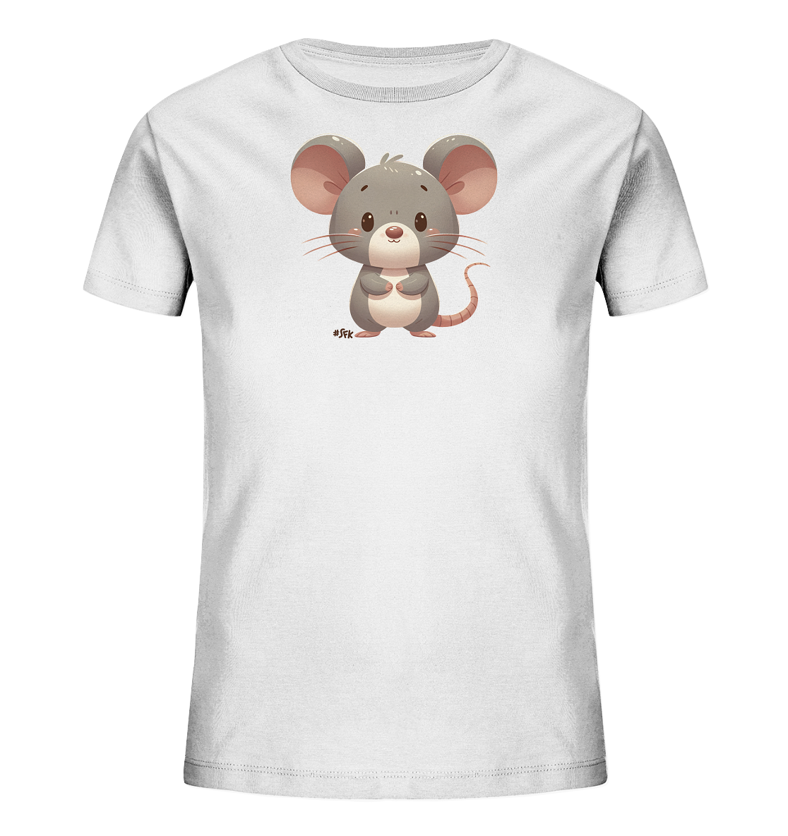 Onlineshop Shirts fuer Kinder - Das Bild zeigt ein weisses T-Shirt fuer Kinder. Auf der Vorderseite ist eine liebevoll gestaltete Cartoon-Maus abgebildet. Die Maus ist grau mit rosa Details, hat grosse Ohren und schaut freundlich. Sie steht aufrecht auf ihren Hinterbeinen.